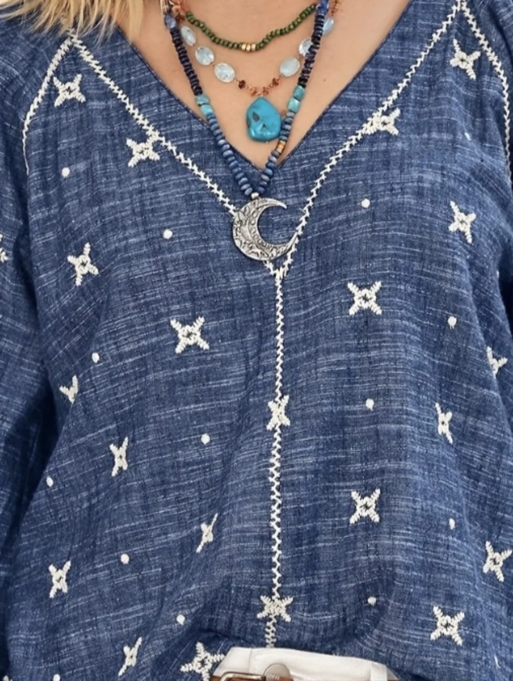 Sundance Blue Embroidered Peasant Top Blouse Breathable Cotton Boho Medium - Picture 12 of 12